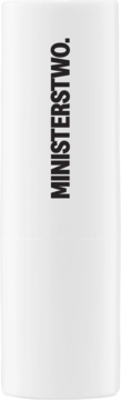 Biała pomadka ochronna Ministerstwo Dobrego Mydła Róża-Malina, z pionowym napisem MINISTERSTWO. Widok z przodu.