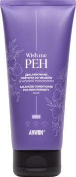 Fioletowa odżywka Anwen Wish me PEH dla włosów wysokoporowatych, w tubce z kwiatowym wzorem, widok z przodu.