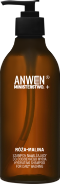 Anwen x Ministerstwo Róża-Malina, nawilżający szampon w bursztynowej butelce z czarną pompką, widok z przodu.