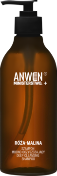 Anwen x Ministerstwo Róża Malina mocno oczyszczający szampon w brązowej butelce z pompką.