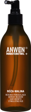 Anwen x Ministerstwo Róża Malina wcierka do włosów w brązowej butelce z czarną pompką, widok z przodu.
