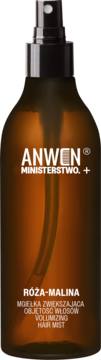 Mgiełka Anwen Ministerstwo Róża-Malina zwiększająca objętość włosów w brązowej butelce z czarnym sprayem, widok z przodu.
