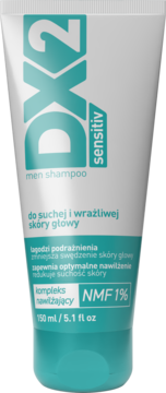 Biała tuba szamponu DX2 Sensitiv dla mężczyzn, widok z przodu, na suchą i wrażliwą skórę głowy, NMF 1%.