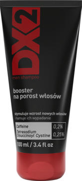 Czarna tuba szamponu DX2 dla mężczyzn, booster na porost włosów, redukujący wypadanie, widok z przodu. 100 ml.