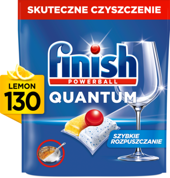 Niebieskie opakowanie Finish Quantum Powerball Lemon 130 tabletek do zmywarki, widok z przodu, z grafiką szklanki.