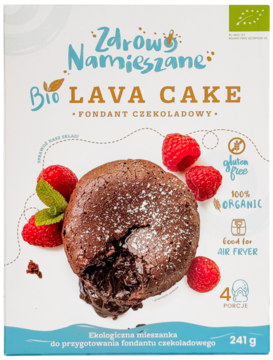 Bio Lava Cake, ekologiczny fondant czekoladowy bezglutenowy w białym pudełku, z ciastkiem i malinami.
