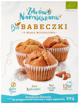 Opakowanie Zdrowo Namieszane Bio Babeczki z mąką migdałową, bezglutenowa mieszanka do pieczenia, z trzema muffinami.