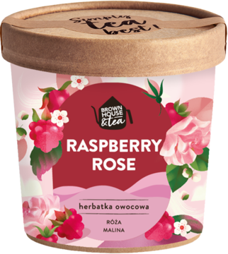 Okrągłe opakowanie herbatki owocowej Brown House & Tea Raspberry Rose, z różowo-czerwoną etykietą, maliny i róże.