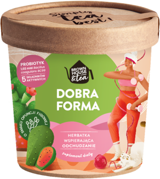 Herbata Dobra Forma Brown House & Tea w cylindrycznym kartoniku, z grafiką kobiety, opuncji, probiotyk, wspomaga odchudzanie.