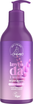OnlyBio lawenda i wanilia żel pod prysznic, fioletowa butelka z pompką, ukojenie i gładkość, logo Vegan.