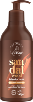 Onlybio Sandal Wood żel pod prysznic w brązowej butelce z pompką, widok z przodu, ze złotym napisem.