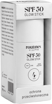 SPF 50 Glow Stick Routines, biały sztyft ochronny, widoczny w otwartym pudełku ze składem.