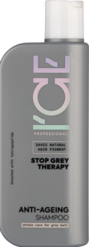 ICE PROFESSIONAL Anti-Ageing szampon przeciw siwieniu w szarej butelce, z przodu, z białym napisem.