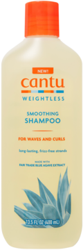 Cantu Weightless Smoothing Shampoo for waves and curls, light yellow bottle, orange cap, agave extract, front view.