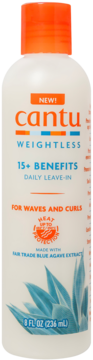 Cantu Weightless Daily Leave-In do fal i loków, 236ml, biała butelka z pomarańczową nakrętką, widok z przodu.