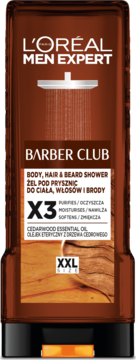 L'Oréal Men Expert Barber Club, brązowa butelka żelu do ciała, włosów i brody z olejkiem cedrowym, napis XXL, widok z przodu.