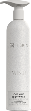 HiSkin MINJI Soothing Body Wash, biała butelka z pompką, Kozie Mleko i Biała Herbata, widok frontalny.