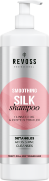 Revoss Smoothing Silk szampon wygładzający w białej butelce z pompką, z różową etykietą, widok z przodu.