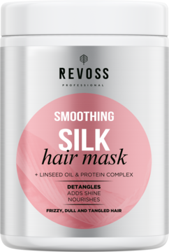 Maska do włosów Revoss Smoothing Silk, biała tuba z różową etykietą, widok z przodu, z olejem lnianym.