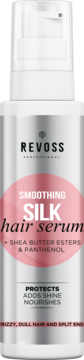Revoss Smoothing Silk Hair Serum z jedwabiem, masłem shea i pantenolem, w srebrnej butelce z pompką, widok z przodu.