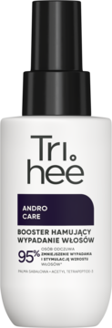 Tri.hee AndroCare Booster, biała butelka z czarnym atomizerem, redukuje wypadanie włosów i stymuluje wzrost.