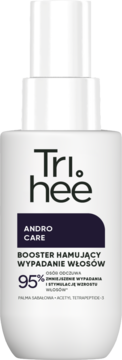 Tri.hee Andro Care booster hamujący wypadanie włosów w białej butelce z pompką, widok z przodu.