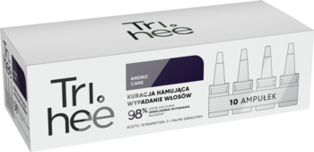 Białe opakowanie Tri.hee AndroCare, kuracja hamująca wypadanie włosów, 10 ampułek, z przodu pod kątem.