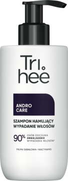 Tri.hee Andro Care szampon hamujący wypadanie włosów w białej butelce z czarną pompką, widok z przodu, z etykietą.