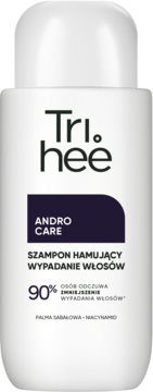 Biały szampon Tri.hee Andro Care przeciw wypadaniu włosów z ciemnofioletową etykietą, widok z przodu.