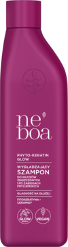 Wygładzający szampon Neboa Phyto-Keratin Glow w fioletowej butelce, etykieta z białym tekstem, widok frontalny.