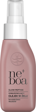 ne'boa Glow Peptide odbudowujący olejek w żelu na końcówki włosów, w różowej butelce ze sprayem.