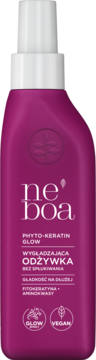 Neboa Phyto-Keratin Glow wygładzająca odżywka w fioletowej butelce ze sprayem, widok z przodu.