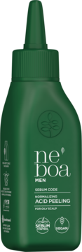 Zielony, normalizujący peeling kwasowy Neboa Men Sebum Code do przetłuszczającej się skóry głowy, widok z przodu.
