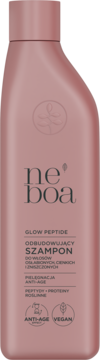 Różowy szampon Neboa Glow Peptide, odbudowujący, butelka z matowym wykończeniem, z przodu etykieta z tekstem.