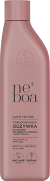 Neboa Glow Peptide odbudowująca odżywka do włosów w matowej, różowej butelce, przód. Formuła anti-age i wegańska.