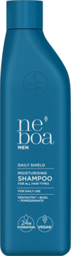 Neboa Men nawilżający szampon Daily Shield w niebieskiej butelce z przodu. Wegański, do włosów.