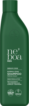 Zielony szampon Neboa MEN Normalizujący dla skóry przetłuszczającej się, z ekstraktem z pokrzywy, widok z przodu.