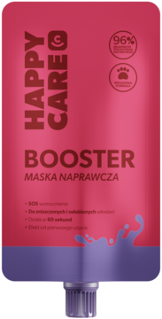 Happy Care Booster maska naprawcza do włosów zniszczonych, w fuksjowej saszetce z fioletowym dołem. Widok z przodu.