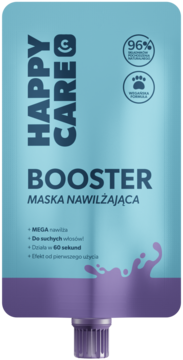 Happy Care Booster Maska Nawilżająca, jasnoniebieska saszetka z fioletowym tekstem, widok z przodu.