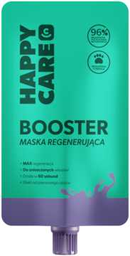 Happy Care Booster Maska Regenerująca, turkusowa saszetka z fioletowym dołem i nakrętką, widok z przodu, do włosów.