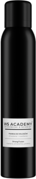 Czarna, matowa pianka do włosów WS Academy Strong Fusion, cylindryczna butelka, mocny chwyt i objętość, widok z przodu.