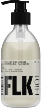 Szampon FLK High Intense do regeneracji i nawilżenia, w przezroczystej butelce z czarną pompką, widok z przodu.