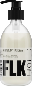 Szampon FLK High Intense, regeneracja i nawilżenie, w przezroczystej butelce z czarną pompką, widok z przodu.