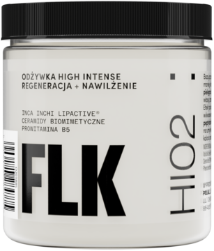 Matowy, biały słoik odżywki do włosów FLK HIO2 Regeneracja+Nawilżenie z czarną nakrętką, widok z przodu.