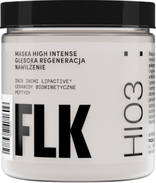 FLIK Maska High Intense do regeneracji i nawilżenia, jasnoszary słoik z czarną zakrętką, pionowy napis HIIO3.