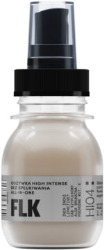 Odżywka FLK HI04 bez spłukiwania w przezroczystej butelce z beżową zawartością i czarną pompką, widok z przodu.