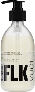 Szampon FLK Volume Up unoszący włosy u nasady, w przezroczystej butelce z czarną pompką, z jasnym płynem.