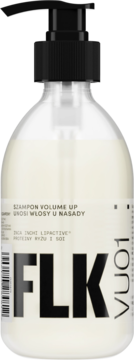 Szampon FLK Volume Up z proteinami ryżu i soi w przezroczystej butelce z czarną pompką, widok z przodu.