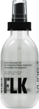 FLK Spray Volume Up w przezroczystej butelce z czarnym atomizerem, widok z przodu. Podnosi włosy od nasady.