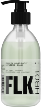 FLK Hydro Boost szampon nawilżający do włosów, przezroczysta butelka z czarną pompką, widok z przodu.